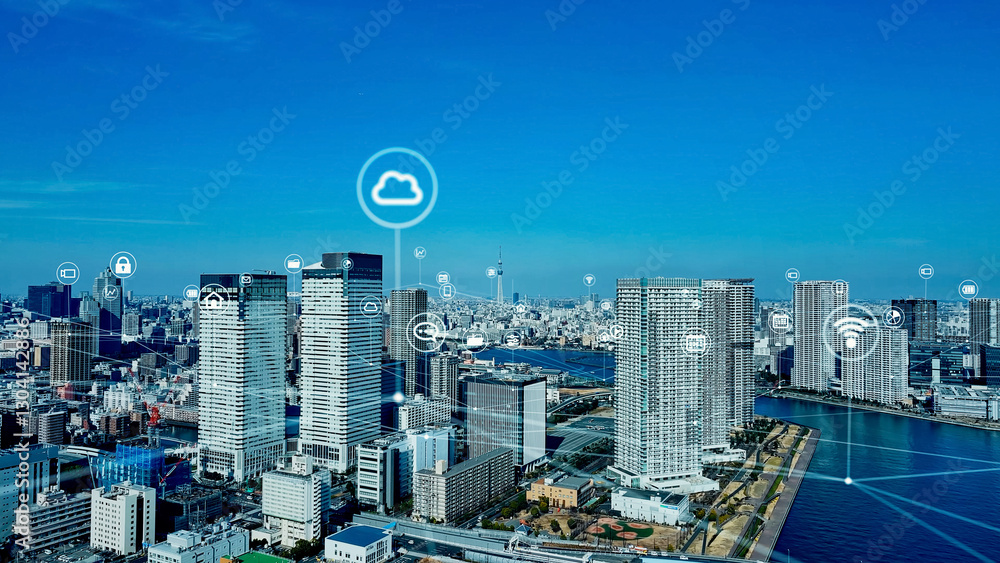 Poster 都市、ネットワーク、通信、インターネット、テクノロジー、空撮、スマートシティ、ビル群、都会、日本、東京、IoT、internet of things、LPWA、公共、行政、自治体、LGWAN、ワイヤレス、無線、繋がる、オンライン、web、回線、電波、接続、GPS、位置情報、マップ、テック、技術、建設、未来、展望、俯瞰、ドローン、ハイアングル、パノラマ、青空、ビジネス、SNS、社会、ソーシャル、コピ