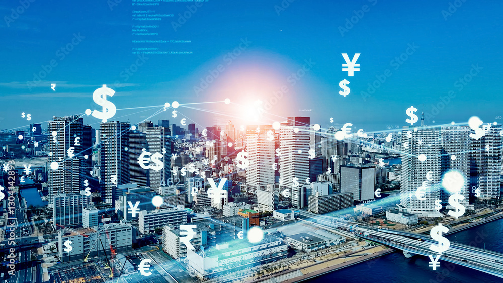 Poster ネットワーク、空撮、都市、金融、経済、フィンテック、市場、マーケット、FX、ブロックチェーン、社会、為替、取引、外貨、通貨、マネー、お金、投資、資産運用、ドル、ユーロ、円、人民元、外為、貨幣、価格、不動産、ビル群、俯瞰、ドローン、ハイアングル、展望、パノラマ、地平線、風景、テクノロジー、テック、技術、未来、データ、繋がる、仮想通貨、電子マネー、ビジネス、インターネット、オンライン、web、商業、貿