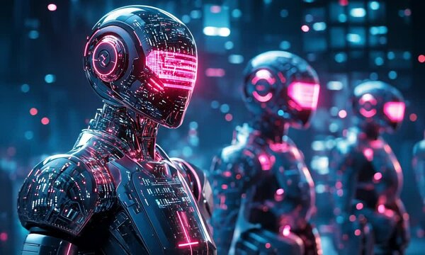 Cybernetic humanoid robots with futuristic glowing red visors and AI-driven digital technology.
