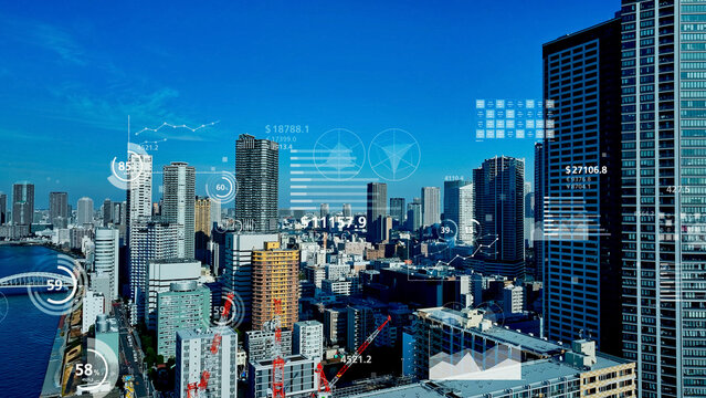 city, aerial view, business, commerce, economy, graph, chart, data, finance, statistics, real estate, price, investment, asset management, urban, japan, blue sky, bird eye view, drone, high angle, per