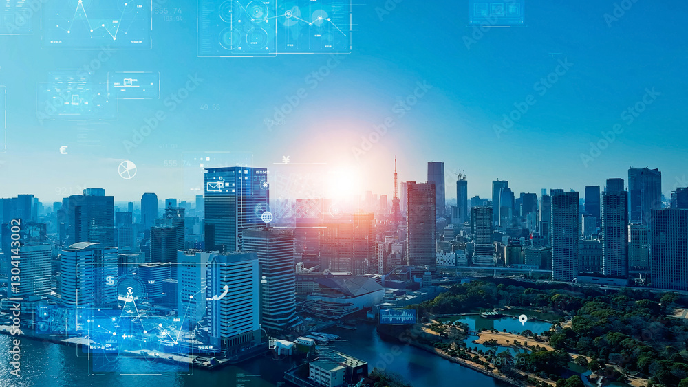 Leinwandbilder 都市、テクノロジー、都会、設計、建設、データ、経済、金融、グラフ、DX、GUI、ICT、マーケティング、マーケット、市場、ネットワーク、未来、ビル群、画面、バーチャル、VR、分析、フィンテック、不動産、マンション、ビル、社会、現代、建築、高層ビル、摩天楼、日本、東京、都心、空撮、俯瞰、ドローン、ハイアングル、展望、パノラマ、地平線、風景、景色、景観、青空、スピード、予測、観測、計測、デザイン