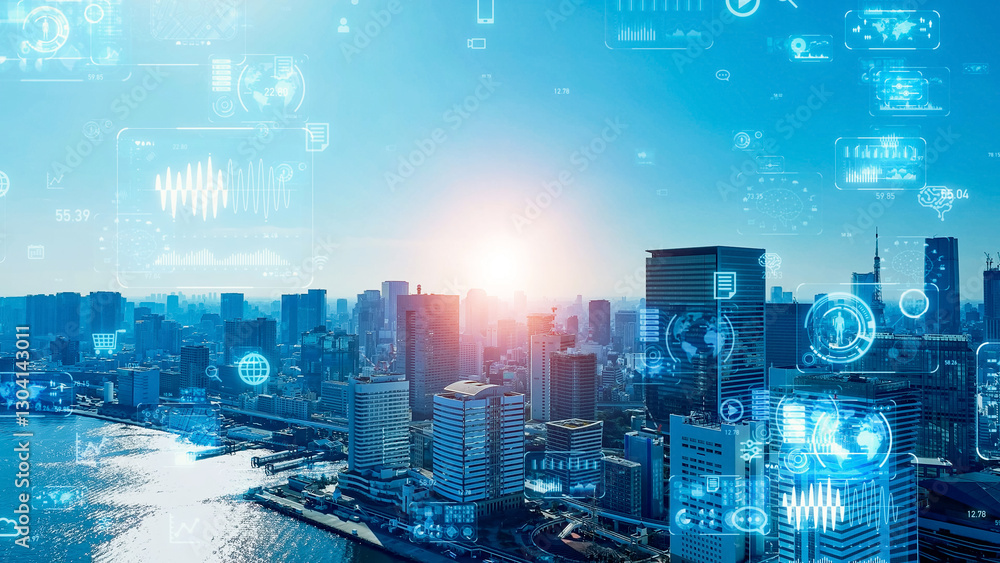 Leinwandbilder 都市、都会、風景、テクノロジー、設計、建設、データ、経済、金融、グラフ、DX、GUI、ICT、マーケティング、マーケット、市場、ネットワーク、未来、ビル群、画面、バーチャル、VR、分析、フィンテック、不動産、マンション、ビル、社会、現代、建築、高層ビル、摩天楼、日本、東京、都心、空撮、俯瞰、ドローン、ハイアングル、展望、パノラマ、地平線、景色、景観、青空、スピード、予測、観測、計測、デザイン