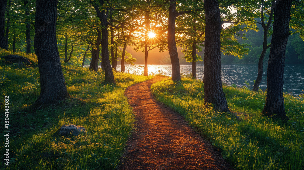 Aufkleber tranquil forest path lined with budding trees leads to serene lake, bathed in warm glow of setting s