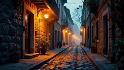 Fototapeta premium A misty evening scene on a quaint cobblestone street, lined with charming stone buildings, illuminated by warm gaslights, creates a serene and peaceful atmosphere.