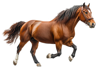 Obraz premium A beautiful brown horse galloping gracefully against a white background, showcasing its powerful physique.
