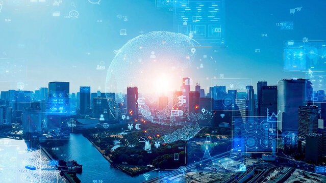 都市、テクノロジー、グローバル、ネットワーク、空撮、データ、地球、DX、ICT、未来、社会、統計、画面、バーチャル、VR、設計、建設、デザイン、テック、技術、ビル群、ビル、俯瞰、ドローン、ハイアングル、展望、パノラマ、地平線、風景、現代、都会、建築、青空、産業、インフラ、世界、情報、公共、行政、自治体、LGWAN、デジタル、デジタルトランスフォーメーション、ビジネス、予測、経済、金融、グラフ、マー