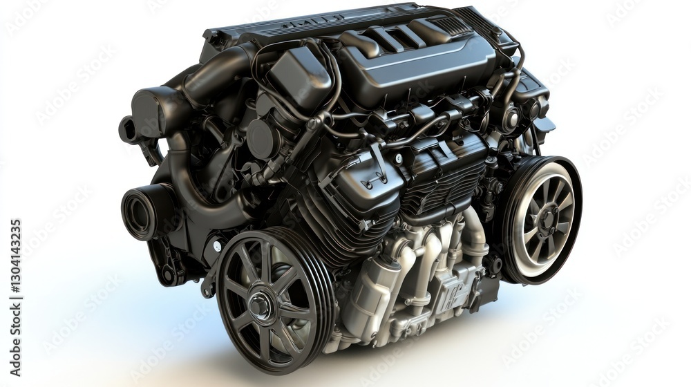 Fototapete close-up view of a powerful, modern v8 engine, showcasing its intricate components and design.