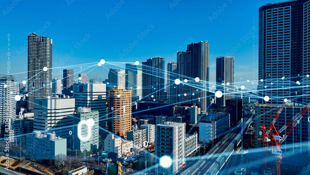 Aufkleber 都市、都会、風景、ネットワーク、DX、デジタル、トランスフォーメーション、ドローン、アップロード、上昇、成長、開発、展望、パノラマ、システム、プラグラミング、テクノロジー、技術、テック、未来、ビル群、空撮、俯瞰、ハイアングル、地平線、景色、社会、現代、建設、建築、ビル、高層ビル、摩天楼、不動産、日本、東京、都心、データ、IoT、通信、インターネット、オンライン、ウェブ、Internet of Th