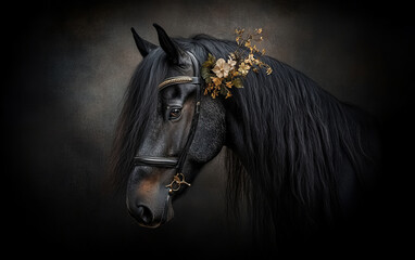 Elegant Black Horse with Golden Floral Headpiece in a Vintage Artistic Portrait