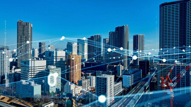 都市、都会、風景、ネットワーク、DX、デジタル、トランスフォーメーション、ドローン、アップロード、上昇、成長、開発、展望、パノラマ、システム、プラグラミング、テクノロジー、技術、テック、未来、ビル群、空撮、俯瞰、ハイアングル、地平線、景色、社会、現代、建設、建築、ビル、高層ビル、摩天楼、不動産、日本、東京、都心、データ、IoT、通信、インターネット、オンライン、ウェブ、Internet of Th