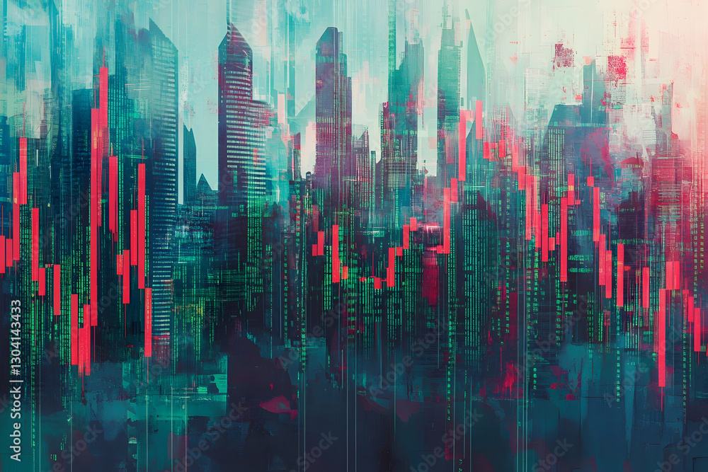 Poster financial stock chart with green and red candlestick patterns over digital circuit background