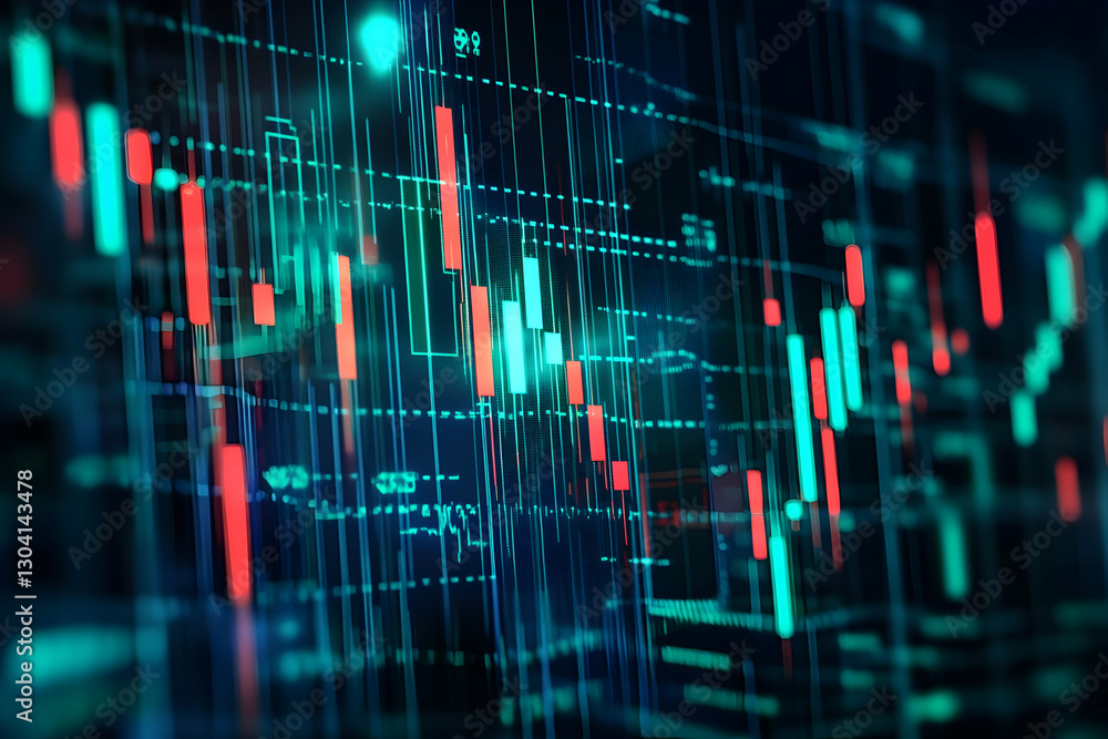 Poster financial stock chart with green and red candlestick patterns over digital circuit background