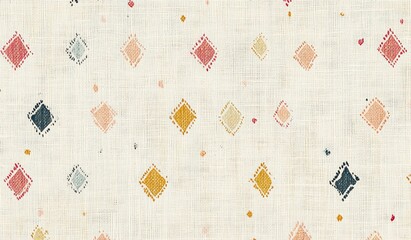 A dramatically small, symmetrical, repeating pattern on cream linen fabric, with pale pink and light orange pastel colors. Small, symmetrical patterns of little diamonds, stars, and crosses.