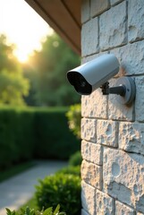 A modern security camera mounted on a light-colored brick wall, overlooking a lush green landscape bathed in the warm glow of the setting sun, providing a sense of safety and peace of mind.