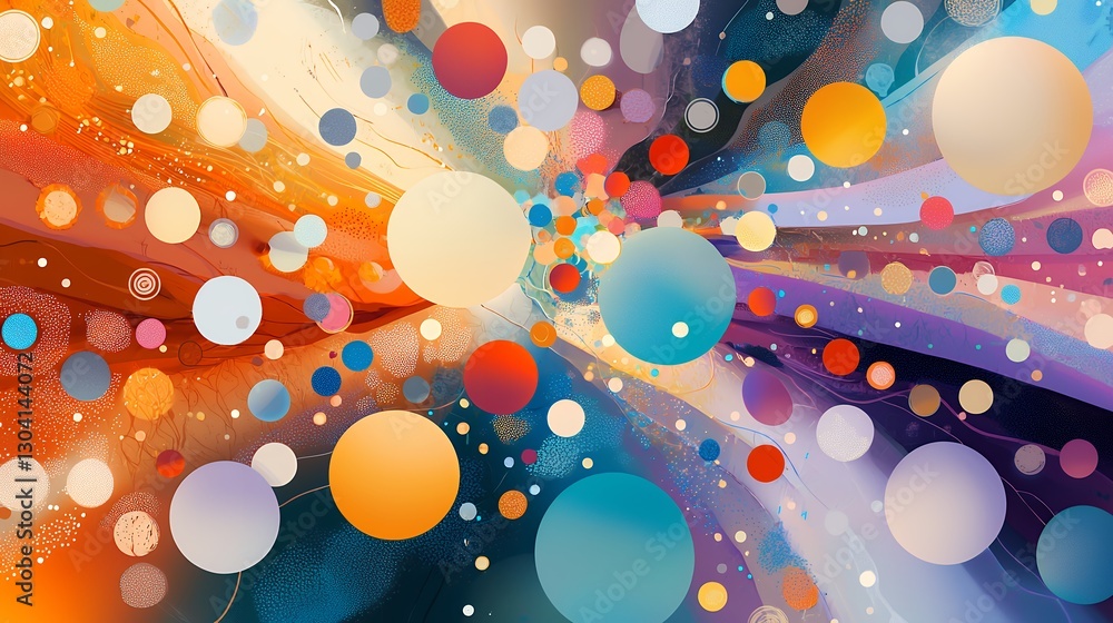 Poster abstract background of spherical orbs with an orange blue color scheme and radial pattern