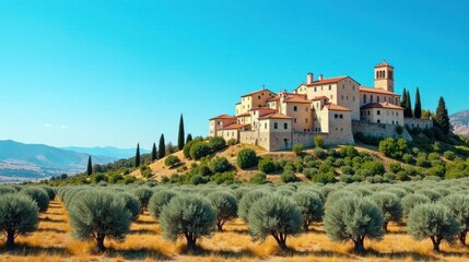 Obraz premium Ancient Stone Chateau Overlooking Expansive Olive Grove Under a Vibrant Summer Sky