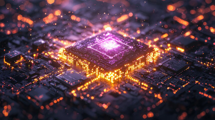 glowing microchip on circuit board emits vibrant light, symbolizing advanced technology and innovation. intricate design highlights complexity and power of modern computing systems