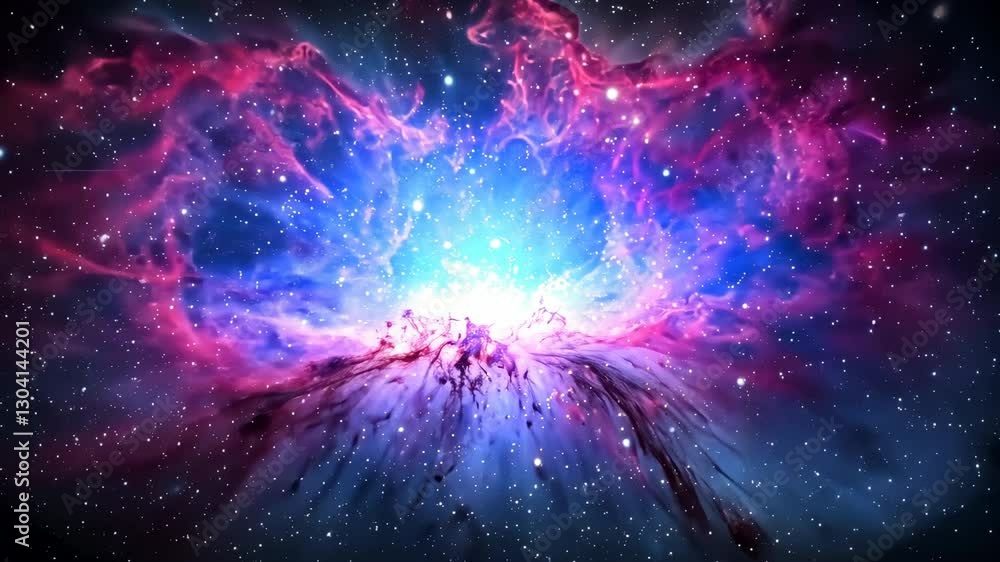 Poster vibrant cosmic nebula with swirling pink and blue gases illuminates starry space background, creatin