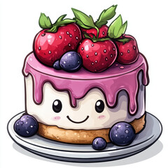 cute cartoon cake with smiling face, topped with strawberries and blueberries, isolated on white background. cake has pink icing drip and biscuit base