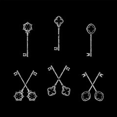 old keys hand drawing vector isolated on black background.