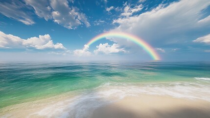 Serene Beach with Vibrant Rainbow Over Calm Ocean Underneath Blue Skies