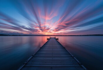 Obraz premium Serene Sunset Lake Scene. Tranquil Wooden Dock Reflects Pastel Sky. Relaxing Waterscape For Meditation. A Peaceful View. Golden Hour. Nature's Beauty.