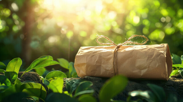 brown paper package tied with string rests on rock surrounded by lush green foliage, bathed in warm sunlight, creating serene and natural atmosphere