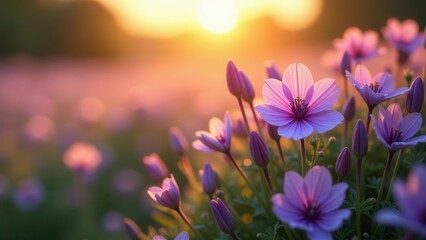 Serene Sunset Meadow Delicate Pink Blossoms bathed in the Golden Hour's gentle radiance, a picturesque scene of natural beauty and tranquility
