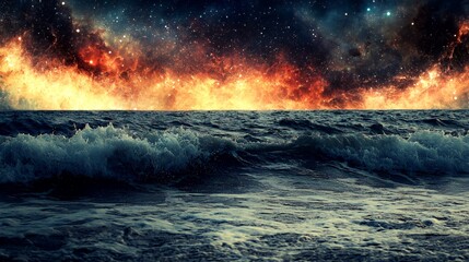 Naklejka premium Dark Ocean Waves Under a Cosmic Night Sky