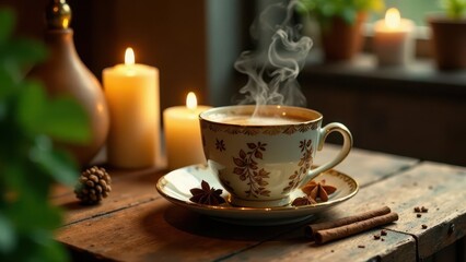 Obraz premium Warmth, comfort, and serenity a steaming cup of herbal tea amidst candlelight and aromatic spices on a rustic wooden table.