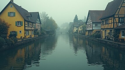 Naklejka premium Picturesque houses line a calm river in the early morning fog