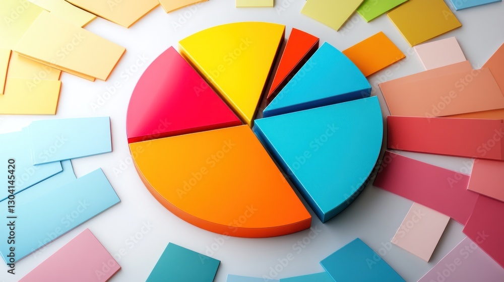 Poster colorful 3d pie chart infographic with data segments.
