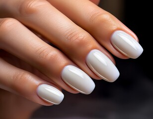 Elegant white manicure showcasing a smooth and glossy finish on well-groomed nails in a softly lit setting