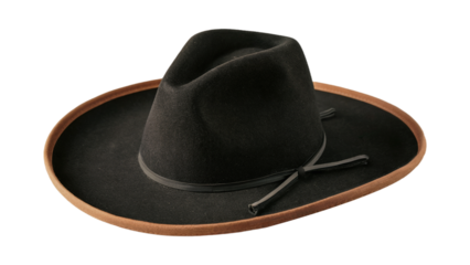Cowboy Hat: This image shows a classic cowboy hat, traditionally worn by cowboys, made of black felt with a brown trim and a decorative band