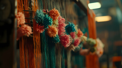 Naklejka premium Close-up of colorful threads woven on a loom in a textile factory