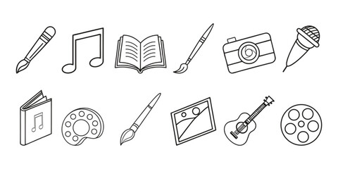Set of 12 outline icons related to hobby. Linear icon collection. Editable stroke. Vector illustration