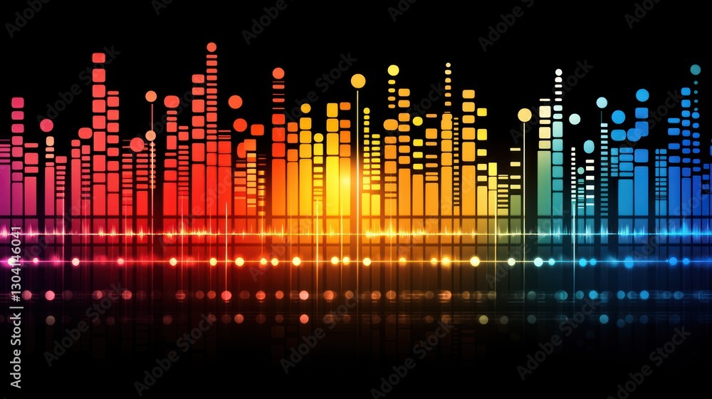 Poster colorful abstract sound wave equalizer visualization with vibrant bars and glowing lights reflecting
