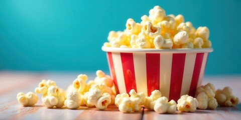 A delightful bowl of freshly popped popcorn, striped container, kernels scattered on a table, inviting snack