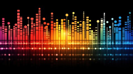 Colorful abstract sound wave equalizer visualization with vibrant bars and glowing lights reflecting on a dark background.