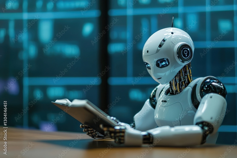 Poster a robot chatbot tested for its ability to read, write, and listen like a human, exploring the role o