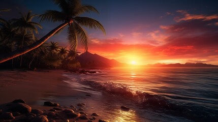 Palm tree on tropical beach, beautiful tropical beach background at sunset. Generative ai