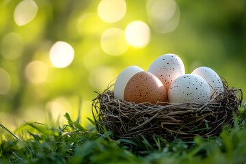 Obraz premium Eggs rest in nest, grass background, nature scene