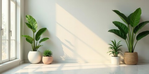 Serene Minimalist Interior Featuring Lush Greenery in Contemporary Planters Against a Bright Wall