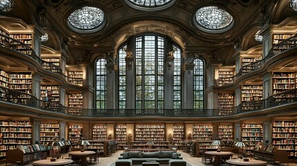 A grand library interior with numerous books on its shelves and balconies