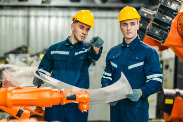 Engineer Reviewing Blueprint in Robotic Facility