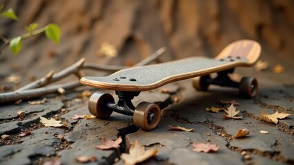 Obraz premium A Small Cruiser Skateboard Rests on a Cracked Pavement Surface Amongst Fallen Autumn Leaves