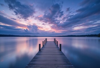 Obraz premium Tranquil Lake Scene. Twilight Dock View. Serene Water Reflection. Dramatic Sky Colors. Peaceful Nature Connection. Calming Landscape. Horizon Hues. Quiet Moment.