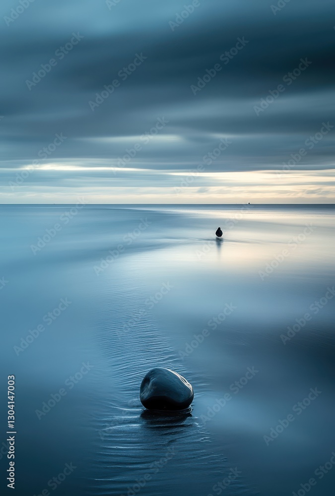 Poster tranquil seascape with solitary rounded stones under soft cloudy sky and gentle waves creating a ser
