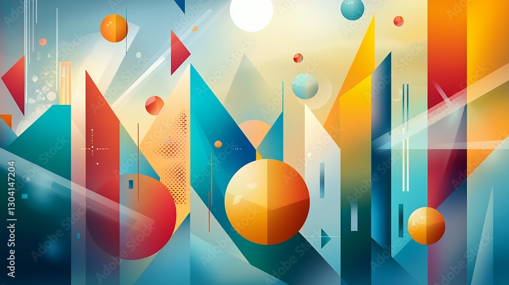 Aufkleber vibrant abstract composition with geometric shapes spheres and triangle in soft light