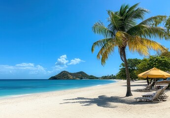Obraz premium Tranquil Tropical Beach Scene with Palm Tree, Lounge Chairs, and Calm Waters Under Blue Sky on a Sunny Day in a Picturesque Coastal Paradise